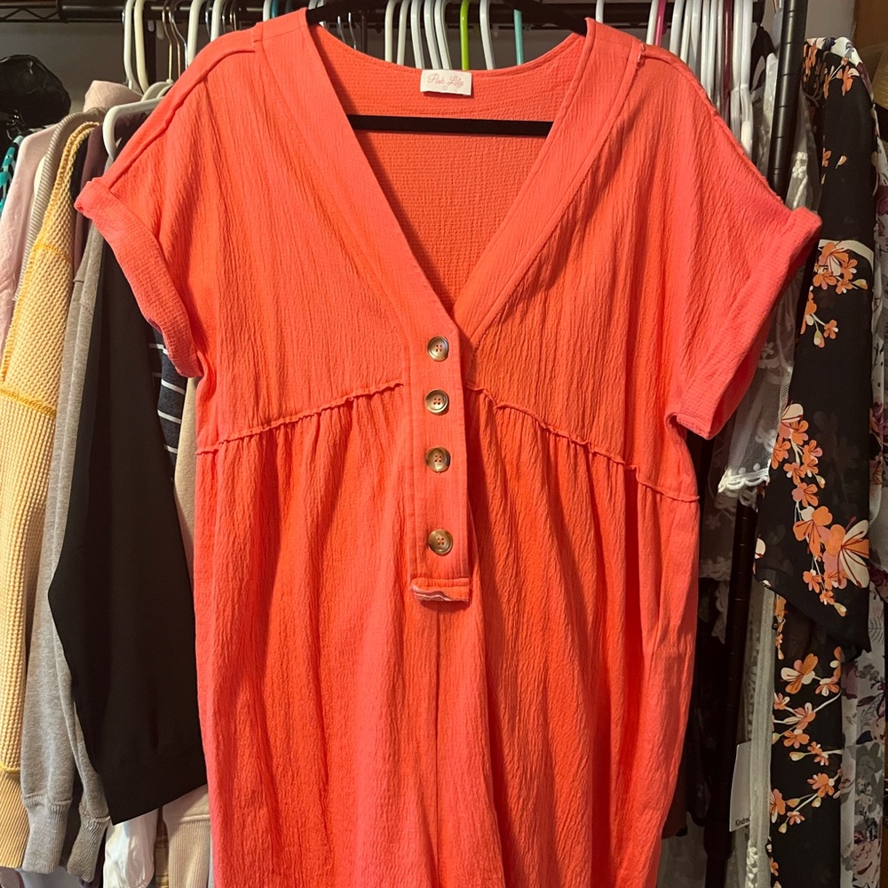 Pink Lily Pink/Orange Buttoned Short Sleeve Romper